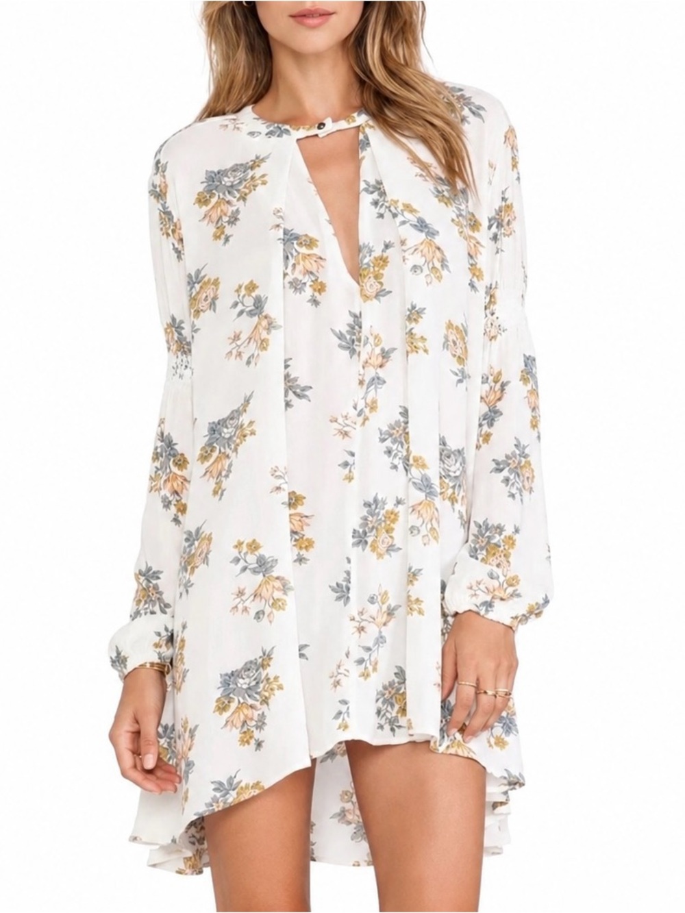 Free People Floral Swing Tunic Dress XS Boho Peasant Mini High Low Keyhole